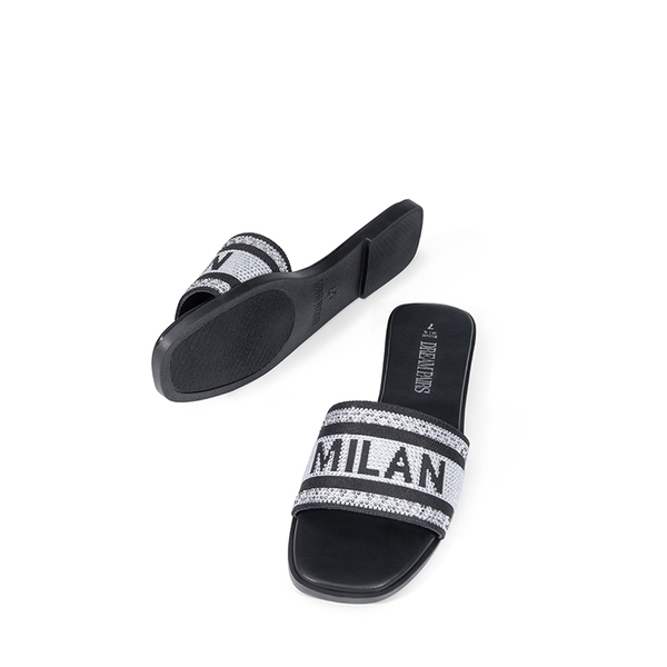 Square Toe Flat Slide Sandals - BLACK-RHINESTONE - 6